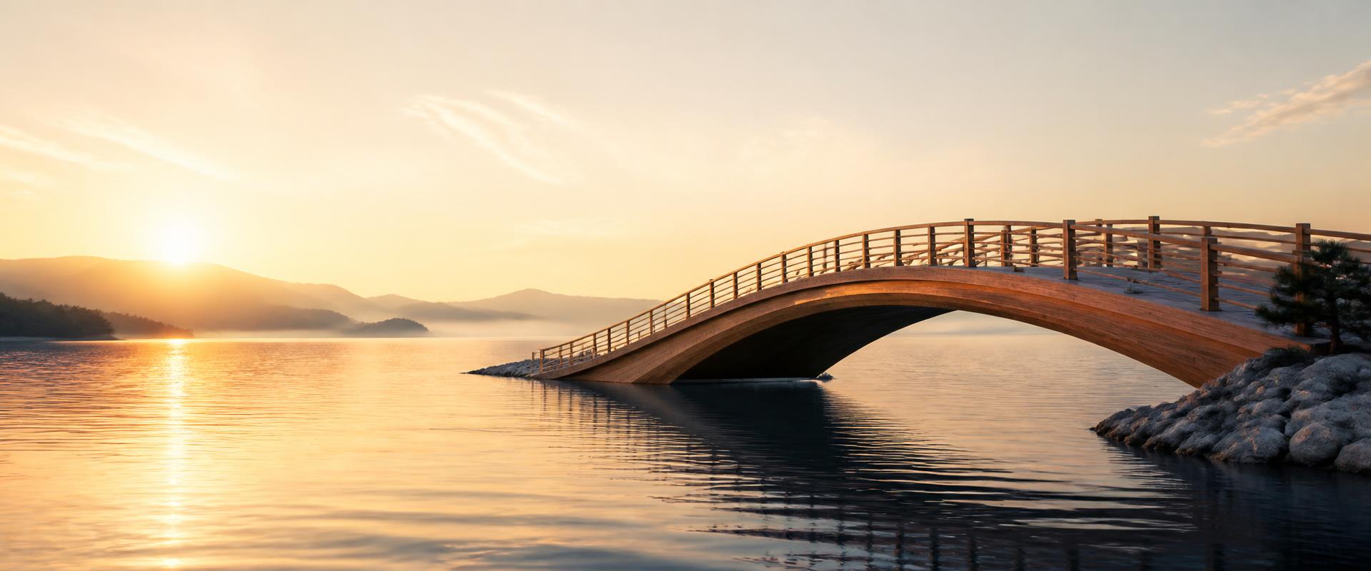 A bridge over calm water at sunrise symbolizing a path forward through conflict