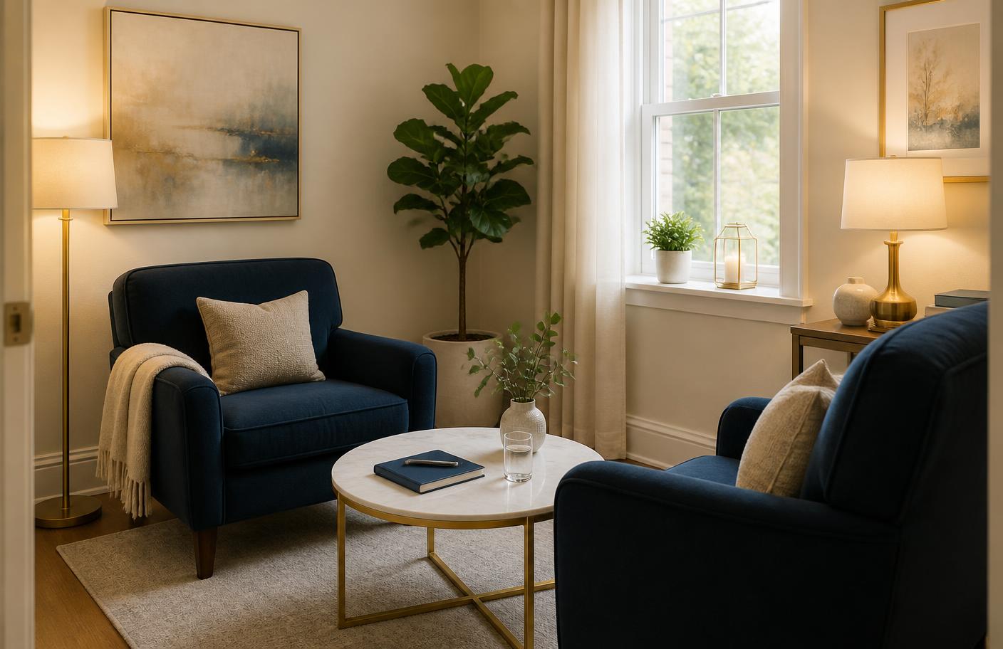 A calm, warm room set up for a mediation session